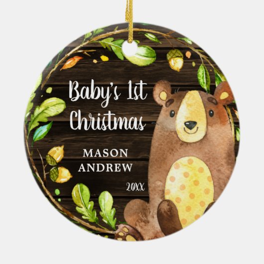Rustic Woodland Beer Baby's Eerste Kerstmis Keramisch Ornament (Achterkant)