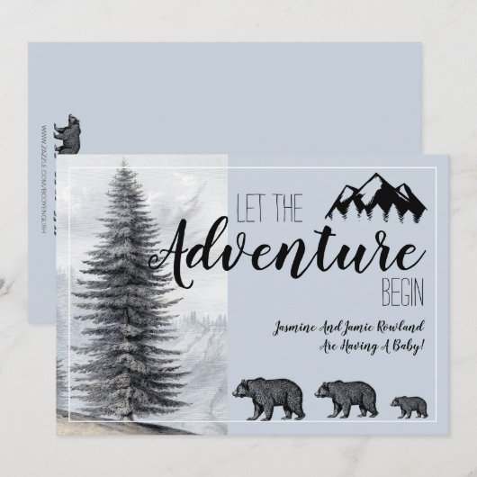 Rustic Woodland Beer Blue Zwangerschap Aankondigin Kaart (Voorkant / Achterkant)