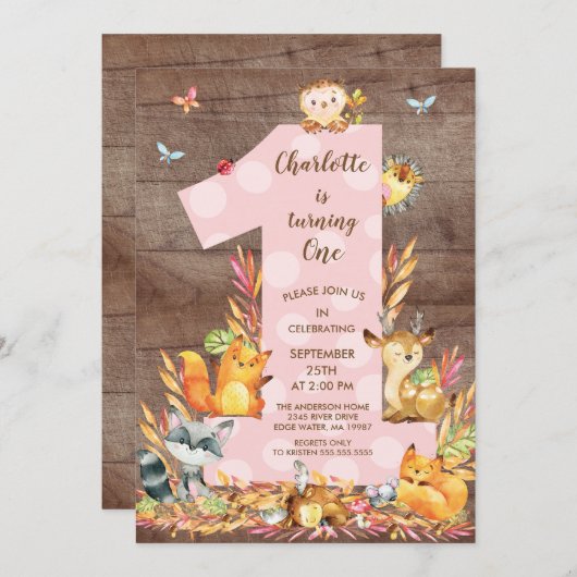 Rustic Woodland Big One Girls Verjaardagsuitnodigi Kaart (Voorkant / Achterkant)