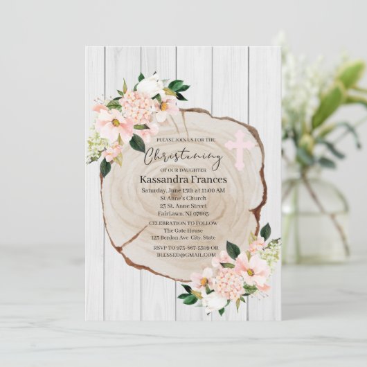 Rustic Woodland Blush Floral Christening Kaart (Staand voorkant)