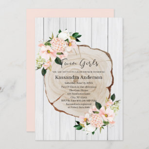 Rustic Woodland Blush Floral Twins Baby shower Kaart