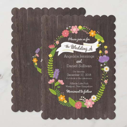 Rustic Woodland Bohemian Floral Wreath Wedding Kaart (Voorkant / Achterkant)