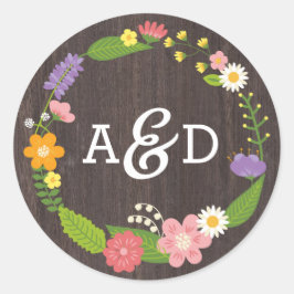 Rustic Woodland Bohemian Floral Wreath Wedding Ronde Sticker