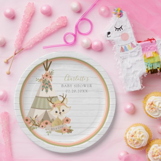 Rustic Woodland Boho Fox Baby shower Papieren Bordje (Feest)