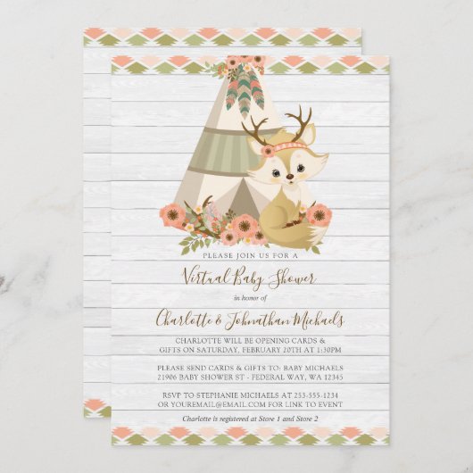 Rustic Woodland Boho Virtual Baby shower Kaart (Voorkant / Achterkant)