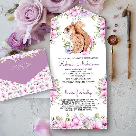 Rustic Woodland Cute Floral Squirrel Baby shower All In One Uitnodiging