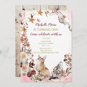 Rustic Woodland Deer Floral First Birthday Kaart