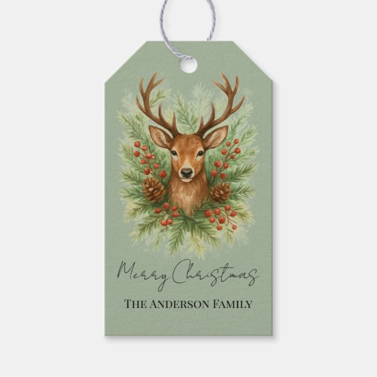 Rustic Woodland Deer Head with Winter Foliage -  Cadeaulabel (Voorkant)