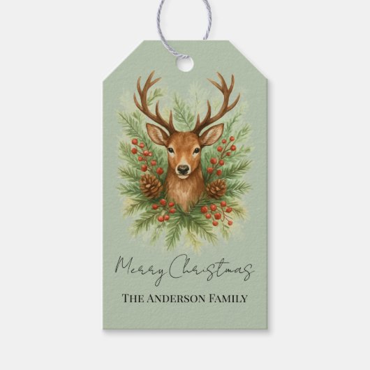 Rustic Woodland Deer Head with Winter Foliage -  Cadeaulabel (Voorkant)