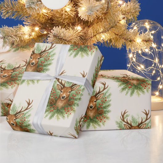 Rustic Woodland Deer Head with Winter Foliage -  Cadeaupapier (Feestdagen)