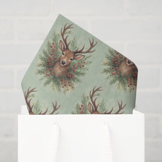 Rustic Woodland Deer Head with Winter Foliage -  Tissuepapier (Cadeauzakje)
