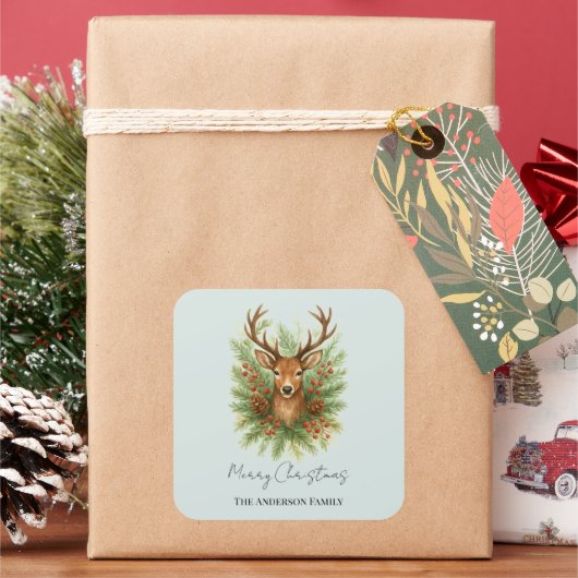 Rustic Woodland Deer Head with Winter Foliage -  Vierkante Sticker (Feestdagen)