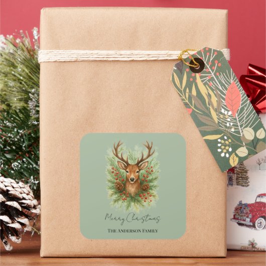 Rustic Woodland Deer Head with Winter Foliage -  Vierkante Sticker (Feestdagen)