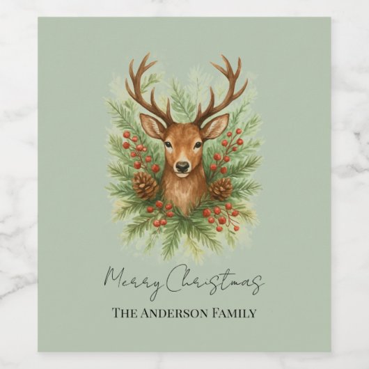 Rustic Woodland Deer Head with Winter Foliage -  Wijn Etiket (Enkel label)