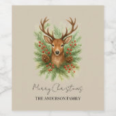 Rustic Woodland Deer Head with Winter Foliage -  Wijn Etiket (Enkel label)