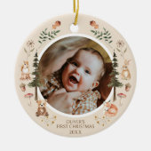 Rustic Woodland Eerste Kerstfoto QR-code Keramisch Ornament (Voorkant)