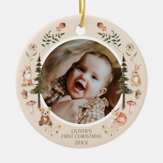 Rustic Woodland Eerste Kerstfoto QR-code Keramisch Ornament (Voorkant)