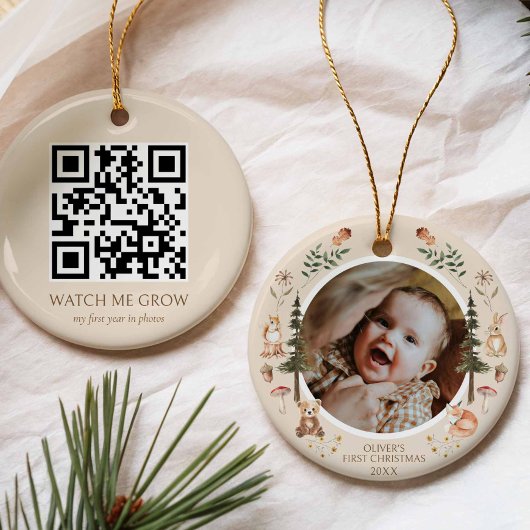 Rustic Woodland Eerste Kerstfoto QR-code Keramisch Ornament
