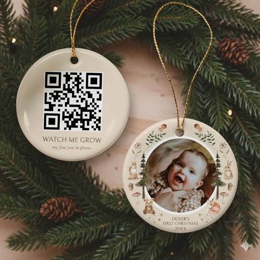 Rustic Woodland Eerste Kerstfoto QR-code Keramisch Ornament