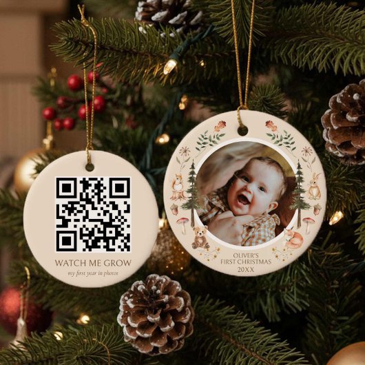 Rustic Woodland Eerste Kerstfoto QR-code Keramisch Ornament