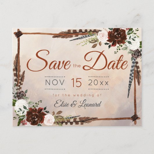 Rustic Woodland Feathers en Floral Bloom Briefkaart (Voorkant)