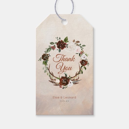 Rustic Woodland Feathers en Floral Bloom Cadeaulabel (Voorkant)