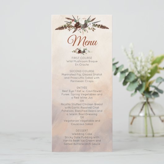 Rustic Woodland Feathers en Floral Bloom Menu (Staand voorkant)