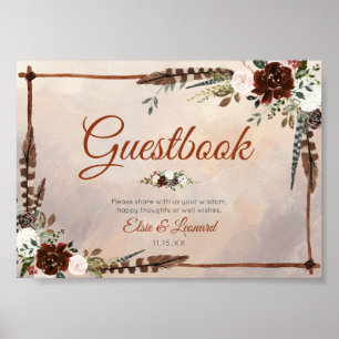 Rustic Woodland Feathers en Floral Bloom Poster