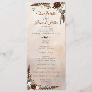 Rustic Woodland Feathers en Floral Bloom Programmakaart