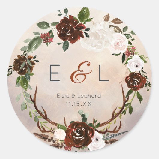 Rustic Woodland Feathers en Floral Bloom Ronde Sticker (Voorkant)
