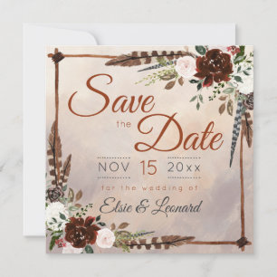 Rustic Woodland Feathers en Floral Bloom Save The Date