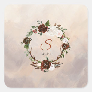 Rustic Woodland Feathers en Floral Bloom Vierkante Sticker