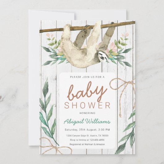 Rustic Woodland Floral Oerwoud Sloth Baby shower Kaart (Voorkant)