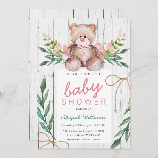 Rustic Woodland Floral Teddy Bear Baby shower Kaart (Voorkant / Achterkant)