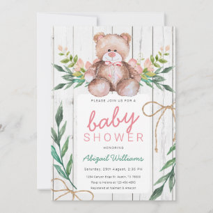 Rustic Woodland Floral Teddy Bear Baby shower Kaart