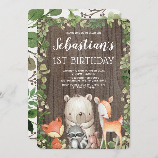 Rustic Woodland Forest Animals 1st Birthday Kaart (Voorkant / Achterkant)