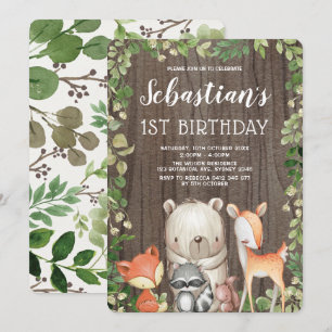 Rustic Woodland Forest Animals 1st Birthday Kaart