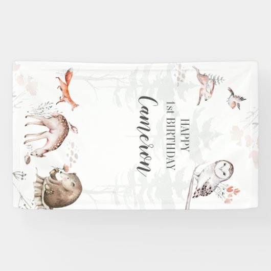 Rustic Woodland Forest Animals 1st Birthday Spandoek (Horizontaal)