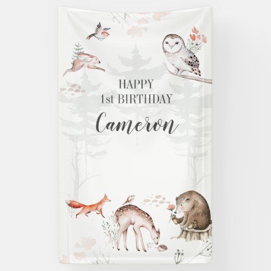 Rustic Woodland Forest Animals 1st Birthday Spandoek (Verticaal)