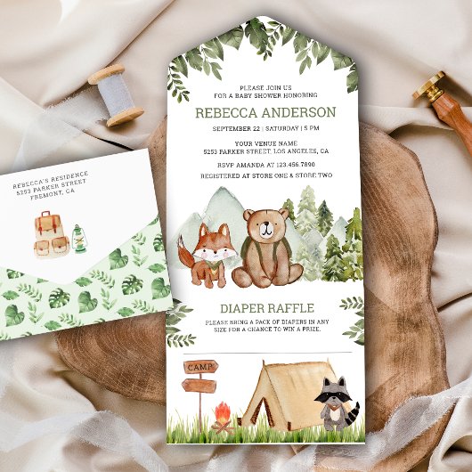 Rustic Woodland Forest Animals Camping Baby shower All In One Uitnodiging