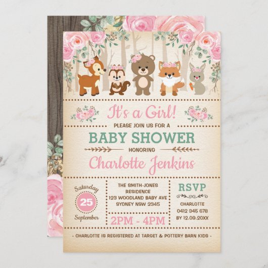 Rustic Woodland Forest Blush Flowers Baby shower Kaart (Voorkant / Achterkant)