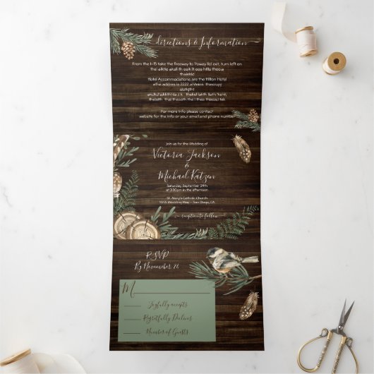 Rustic Woodland Forest bruiloft drievoudige uitnod Drieluik Uitnodiging (Binnen)