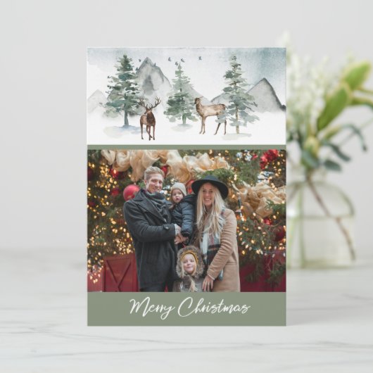 Rustic Woodland Forest Deer Kerstfotokaarten Feestdagenkaart (Staand voorkant)