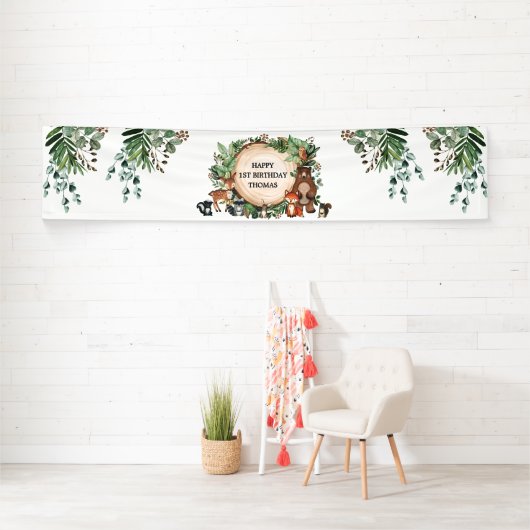 Rustic Woodland Forest Greenery Animals Birthday Spandoek (Insitu)