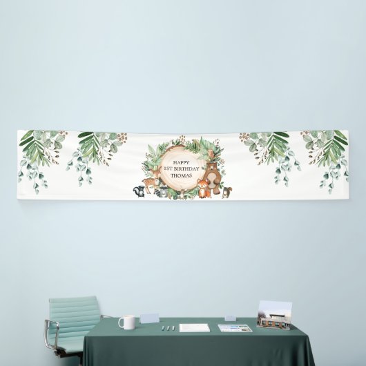 Rustic Woodland Forest Greenery Animals Birthday Spandoek (Beurs)