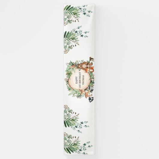 Rustic Woodland Forest Greenery Animals Birthday Spandoek (Verticaal)