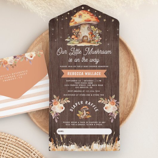 Rustic Woodland Forest Mushroom Wood Baby shower All In One Uitnodiging