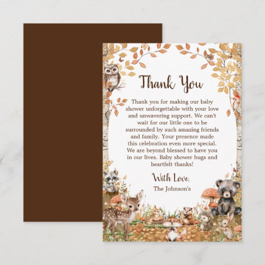 Rustic Woodland Forest Neutral Baby shower Bedankkaart (Voorkant / Achterkant)