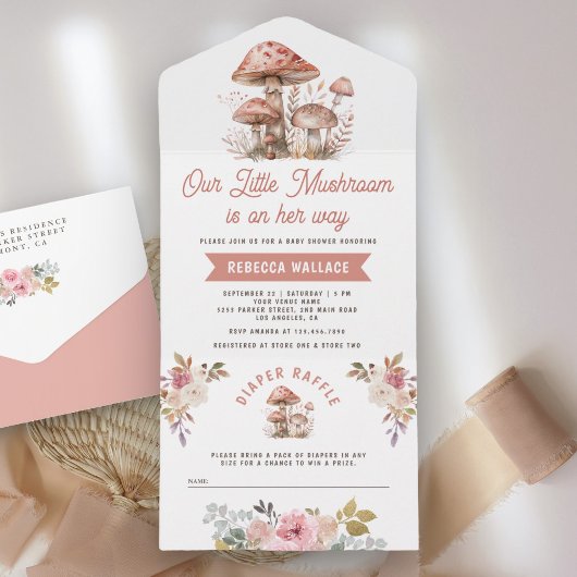 Rustic Woodland Forest Pink Mushroom Baby shower All In One Uitnodiging