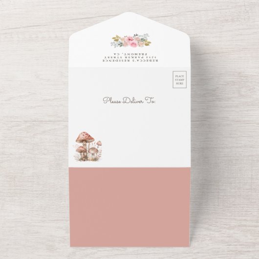 Rustic Woodland Forest Pink Mushroom Baby shower All In One Uitnodiging (Buitenkant)